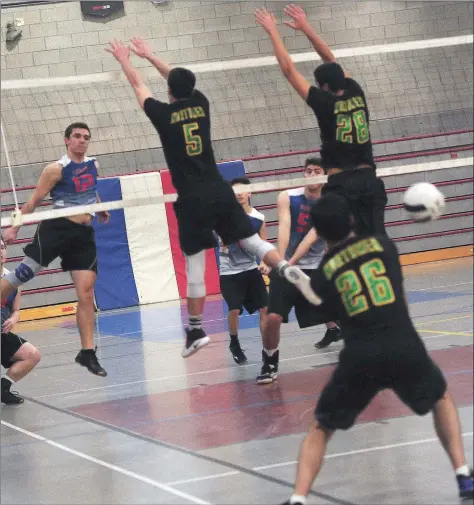  ?? Photos by Ernest A. Brown ?? Mount St. Charles senior outside hitter Jarod Tessier (12, above) was a first-team All-State performer last season after recording 298 kills to lead Mount to the D-I semifinals. North Smithfield’s Sam Hall (25, below) attempts an attack during Thursday night’s Injury Fund contest at Mount.