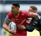  ??  ?? Israel Folau, in action for the Catalans Dragons against Hull FC in Super League, is on Tonga’s radar for the Rugby League World Cup.