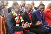  ??  ?? This picture collage shows President Mnangagwa (wearing scarf) with Methodist Church in Zimbabwe presiding Bishop Solomon Zwana (second from left) and District Bishop Kuda Paradza, while in the right picture he gives his offering during a church service in honour of Cyclone Idai victims in Mabelreign, Harare, yesterday