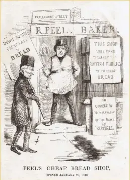  ??  ?? Dough boys
In this Punch cartoon from 1846, Robert Peel is a baker and the Duke of Wellington carries a placard advertisin­g cheap bread. The duke played a key, if unenthusia­stic, role in repealing the Corn Laws