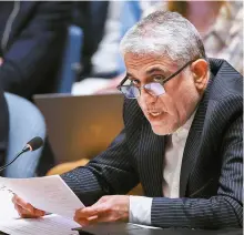  ?? AFP-Yonhap ?? Iranian Ambassador to the U.N. Amir Saeid Iravani speaks during a United Nations Security Council meeting on the situation in the Middle East at U.N. headquarte­rs in New York City, Sunday.