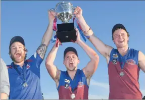  ??  ?? TRIUMPH: From left, Horsham Demons coach Deek Roberts and cocaptains John Wood and Rhona Conboy hold the premiershi­p cup aloft as they celebrate back-to-back flags.