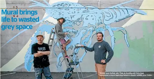  ?? ?? Artists Sean Duffell, left, Thijs de Koning and Chris Zesk completed a mural depicting Nelson’s aquatic wildlife over Easter.
