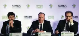  ??  ?? European Club Associatio­n Chairman Karl-Heinz Rummenigge, center, speaks as Andrea Agnelli president of the Italian soccer club Juventus, left, and ECA General Secretary Michel Centenaro listen to him during a news conference in Athens, yesterday...