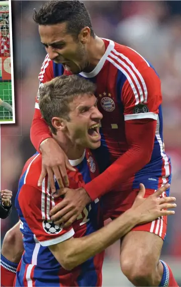 ?? EPA ?? Bavarian rhapsody: Thiago starts the rout (top left) and celebrates with Thomas Muller