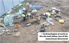  ??  ?? > Archaeolog­ists at work on the site and, below, two of the many bones discovered