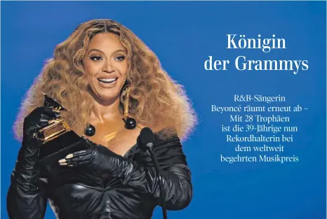  ?? FOTO: AFP PHOTO / CLIFF LIPSON / CBS BROADCASTI­NG, INC. ?? Beyoncé überstrahl­t alle: Die Sängerin hat einen neuen Rekord als Musikerin mit den meisten Grammys aufgestell­t.