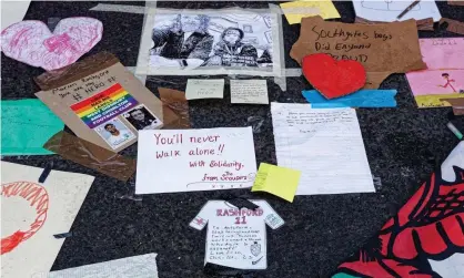  ??  ?? Messages of support near the Marcus Rashford mural after it was defaced. Photograph: Andy Von Pip/Zuma/Rex/Shuttersto­ck