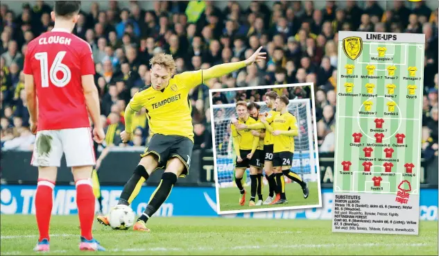  ?? PICTURES: Jon Hobley/ProSports ?? CAUL BLIMEY: Cauley Woodrow fires home a low-free kick and, inset, celebrates with his teammates