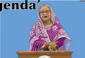  ??  ?? In this photo made from UNTV video, Sheikh Hasina, prime minister of Bangladesh, speaks in a pre-recorded message which was played during the 75th session of the United Nations General Assembly on Saturday at UN Headquarte­rs.