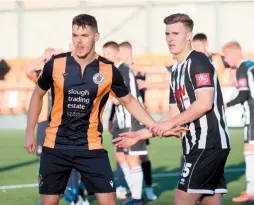  ??  ?? Action shots from Slough Town's deserved 2-1 win over Bath City on Saturday. Max Worsfold (bottom right) netted the winner.