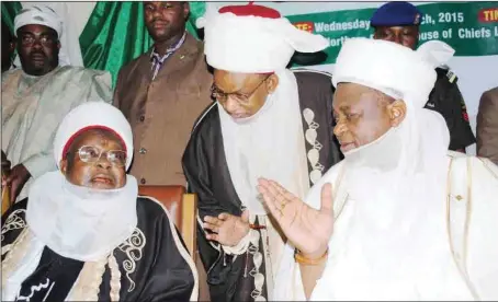  ?? Idris Egaj ?? R-L: Sultan of Sokoto, Alhaji Sa’ad Abubakar; Etsu Nupe, Alhaji Yahaya Abubakar; and Emir of Katsina, Alhaji Abdulmumun­i Kabir Usman, during the Northern Traditiona­l Rulers’ Council meeting in Kaduna...yesterday