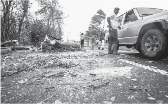  ?? Cedrick Isham Calvado / AFP / Getty Images ?? Rescuers clear an uprooted tree from a road in the village of Viard Petit-Bourg on Tuesday in the French territory of Guadeloupe after Hurricane Maria had passed.