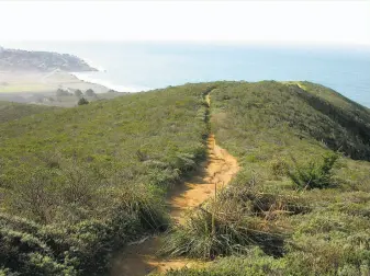  ?? Tom Stienstra / The Chronicle ?? A trail from gorgeous, sheltered Gray Whale Cove on the San Mateo County coast leads up to a nearby ridge in McNee Ranch State Park for a beautiful view of the ocean.