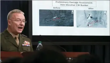  ?? PHOTO/ALEX BRANDON ?? Marine Lt. Gen. Kenneth F. McKenzie Jr., director, Joint Staff, speaks as he shows photograph­s from before and after the U.S.-led airstrikes against Syria during a media availabili­ty at the Pentagon, on Saturday, in Washington. AP