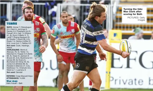  ?? PICTURES: Getty Images ?? Turning the tide: Max Clark after scoring for Bath