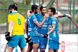  ?? PTI ?? Indian Junior Men’s Hockey Team player Dilpreet Singh (C) after scoring a goal during the 9th Sultan of Johor Cup against Australia in Johor Bahru in Malaysia on Wednesday