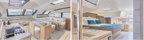  ??  ?? Abundant natural light and light coloured finishes
The beam-wide forward owner’s cabin is a deal breaker