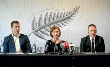  ?? GETTY IMAGES ?? Interim NZ Football chief executive Andrew Pragnell, left, independen­t reviewer Phillipa Muir and NZF president Deryck Shaw meet the media after the release of the review yesterday.