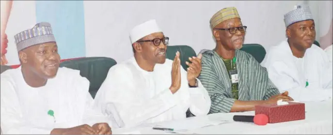  ??  ?? L-R: Speaker, House of Representa­tives, Yakubu Dogara; President Muhammadu Buhari; APC National Chairman, Chief John Odigie-Oyegun; and Senate President Bukola Saraki