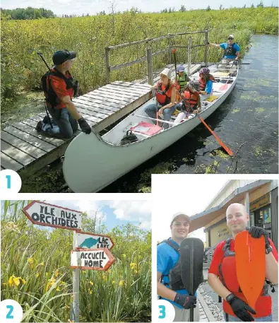  ?? PHOTOS COURTOISIE ?? 1
2
3
∫ 1. Une halte à l’île aux Orchidées. ∫ 2. La végétation aquatique toute verte était égayée par des talles d’iris faux-acores d’un beau jaune vif. ∫ 3. Vincent Roberge, guide de tourisme d’aventure sur le territoire, et Patrick Laniel,...