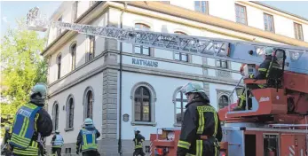  ?? FOTO: HÖR ?? Innen arbeiten die Atemschutz­trupps, außen versuchen Retter über die Drehleiter die Fenster zu erreichen.