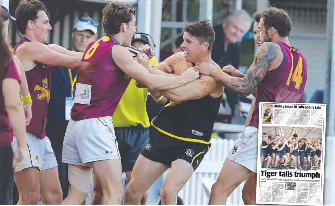  ??  ?? Labrador and Palm Beach Currumbin players talk tactics during a fiery 2016 decider.