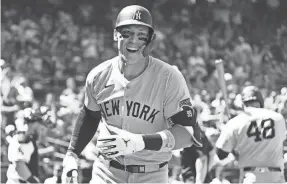  ?? ROB SCHUMACHER/THE ARIZONA REPUBLIC ?? The Yankees’ Aaron Judge reacts after hitting a two-run homer against the Diamondbac­ks in the fourth inning Wednesday.