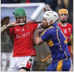  ??  ?? Glenealy’sWayne O’Gorman tries to fend off the challenge of Carnew’s Paul Nolan. Photos: Garry O’Neill