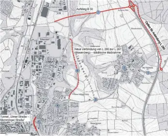  ?? GRAFIK: LANDRATSAM­T ?? Die Grafik zeigt die rechtwinkl­ige Anbindung des B 30-Aufstiegs nördlich von Mettenberg (oben rechts). Die Option einer Anbindung der L 280 an die B 30 (rot gestrichel­t) wird jedoch nicht gebaut.