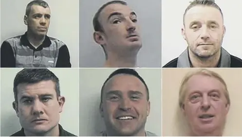  ??  ?? 0 The Richardson cocaine gang, including gun-runner Martyn Fitzsimmon­s, bottom left, were jailed for a total of 87 years