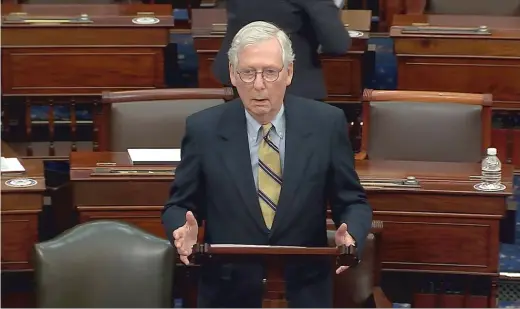  ?? SENATE TELEVISION VIA AP ?? Senate Minority Leader Mitch McConnell, R-Ky., speaks after the Senate acquitted former President Donald Trump in his second impeachmen­t trial.