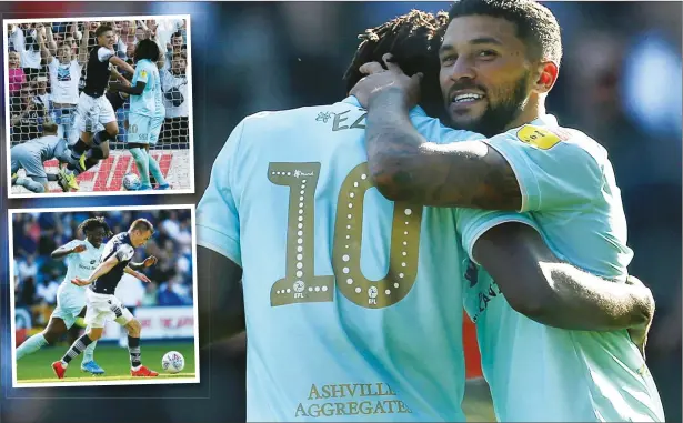  ??  ?? DOUBLE: QPRs’ Nahki Wells celebrates scoring his second Insets: Millwall’s Shaun Hutchinson scores their goal. Millwall’s Jed Wallace and QPRs’ Eberechi Eze in action