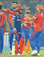  ?? PTI ?? Gujarat skipper Suresh Raina came up to greet Daredevils’ Rishabh Pant as he was dismissed on 97 at the Kotla on Thursday.