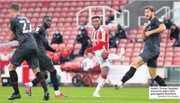  ?? BARRINGTON COOMBS ?? Stoke’s Tyrese Campbell scores his side’s third goal against Brentford