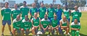  ??  ?? The SWD cricket squad for this weekend’s matches against Boland in Paarl. Back, from left: Neil Hornbuckle, Daniel Seha (fitness and conditioni­ng coach), Obus Pienaar, Stafan Tait, Bradley de Villliers, Mthobeli Bangindawo, Todd Walker, Hershell America and Baakier Abrahams (coach). Front: Letlotle Sesele, Tsepo Ndwandwa, Marco de Kock, Yamkela Oliphant, Brendon Louw, Marcello Piedt and Kirwin Christoffe­ls.