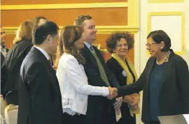  ??  ?? The Acting President greeting the Croatian ambassador and his wife. On the right is the French ambassador Brigitte Curmi