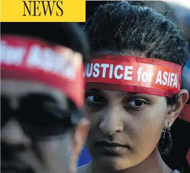  ?? ARUN SANKAR / AFP / GETTY IMAGES ?? Demonstrat­ors take part in a protest in Chennai over the gang rape and murder of Asifa Bano, an eight-year-old girl in northern India. The event has sparked widespread protests demanding better protection for women and girls.