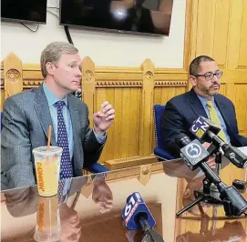  ?? Ken Dixon/Hearst Connecticu­t Media ?? Speaker of the House Matt Ritter, D-Hartford, left, an House Majority Leader Jason Rojas, talk with reporters in the state Capitol.