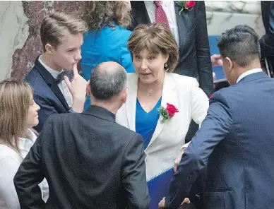  ?? JONATHAN HAYWARD / THE CANADIAN PRESS ?? B.C. Premier Christy Clark, pictured before giving the Speech from the Throne in Victoria on Thursday, is displaying Olympic-level shamelessn­ess, according to Andrew Coyne.