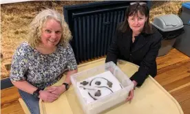  ??  ?? Kath Giles, left, who found the hoard, and Allison Fox, curator for archaeolog­y at Manx National Heritage, with the Viking age items. Photograph: Manx National Heritage Museum