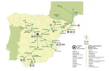  ??  ?? Red del AVE y ciudades que tienen equipos en la Liga Santander y Liga Endesa.