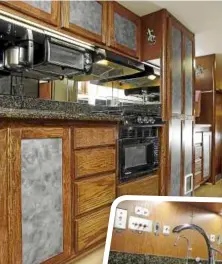  ??  ?? Would you believe this kitchen is in a mobile home? The tall cupboard on the right has a cat door set into it towards the bottom (the white rectangle) so the bus kitties can get to their litter box easily. (below): note the luxurious details, such as...