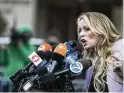  ?? JEENAH MOON/THE NEW YORK TIMES ?? Stephanie Clifford, the porn star better known as Stormy Daniels, speaks to reporters outside a federal courthouse in 2018.