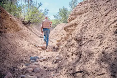  ?? EDDIE MOORE/JOURNAL ?? John Forsdale, among residents of a neighborho­od near downtown Santa Fe who oppose plans for a new housing developmen­t uphill from their homes, shows a tight arroyo off Hyde Park Road that residents fear will erode or flood from runoff if the...