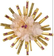  ??  ?? 4. Brooch, 1963, John Donald (b. 1928), 18-carat gold setting, rose quartz, baguette rubies, 14-carat gold rods, 5.7 × 5.7 × 1.8cm. The Worshipful Company of Goldsmiths