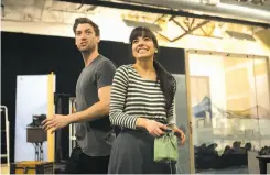  ??  ?? Derek Carley and Hilary Maiberger sing in Redwood City at rehearsal for TheatreWor­ks’ “Daddy Long Legs,” a two-person musical.