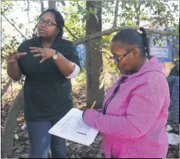  ?? STAFF PHOTO BY TIFFANY WATSON ?? Corae Young, assistant director of LifeStyles Inc., and volunteer Pamela Watson complete a Pointin-Time survey with a gentleman living in the woods of La Plata on Jan. 25.