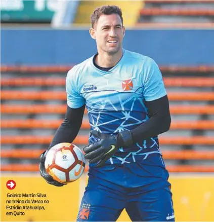  ?? CARLOS GREGÓRIO JR/VASCO.COM.BR ?? Goleiro Martín Silva no treino do Vasco no Estádio Atahualpa, em Quito