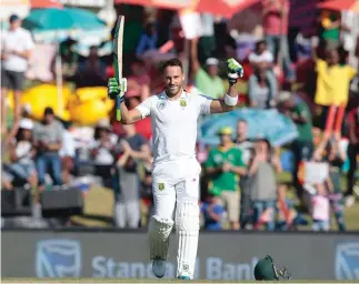  ?? – AFP ?? FIFTH TEST CENTURY: South African stand-in captain Faf du Plessis celebrates after scoring a century on the second day of their second Test match against New Zealand in Centurion on Sunday